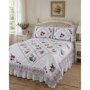 Vintage Hummingbird Floral Quilt Set Scalloped Edge 86x86 With 2 Shams